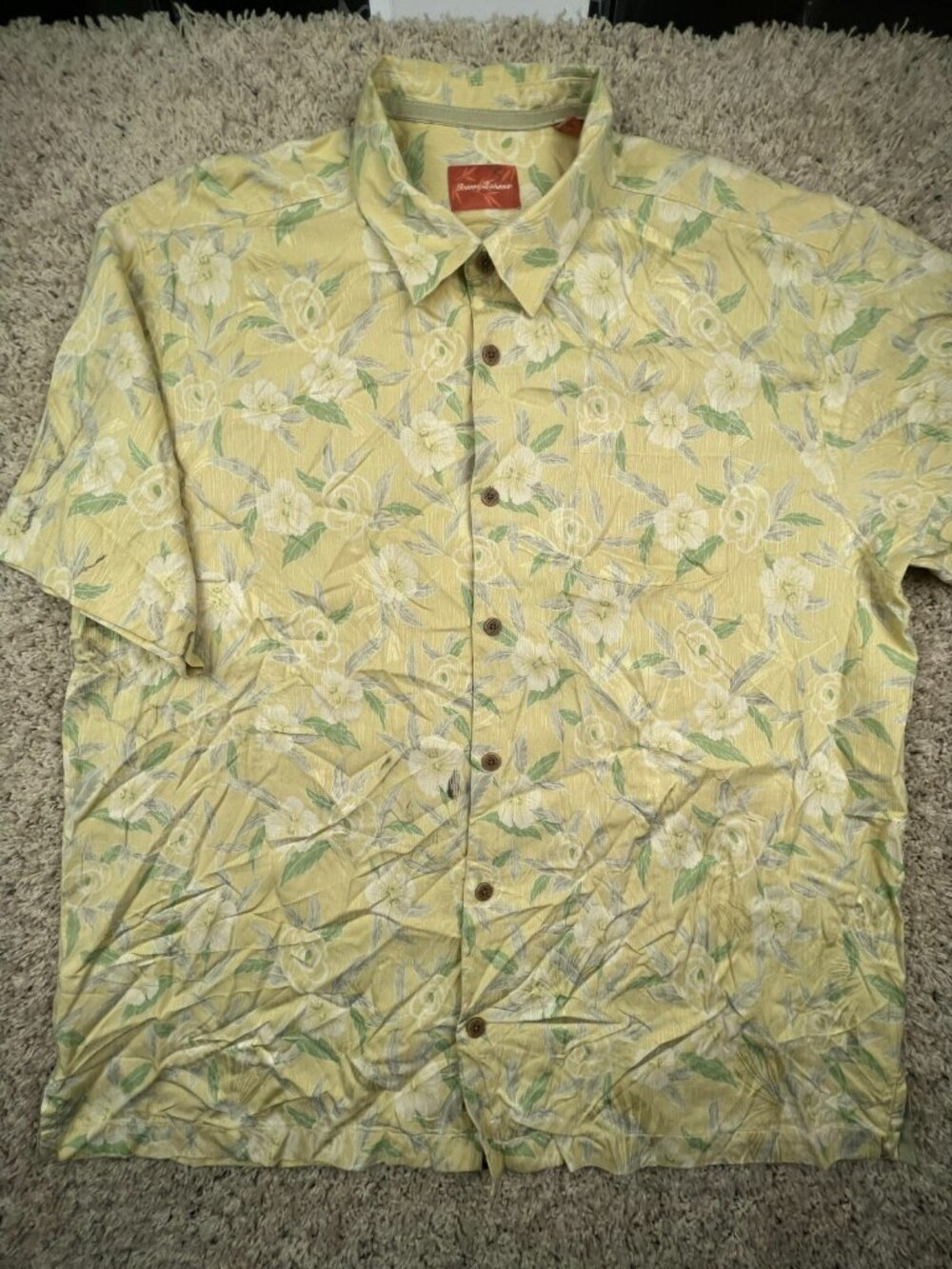 Tommy Bahama ALL SILK Camp Shirt Aloha Hawaiian Luau Button Up Floral Yellow XL